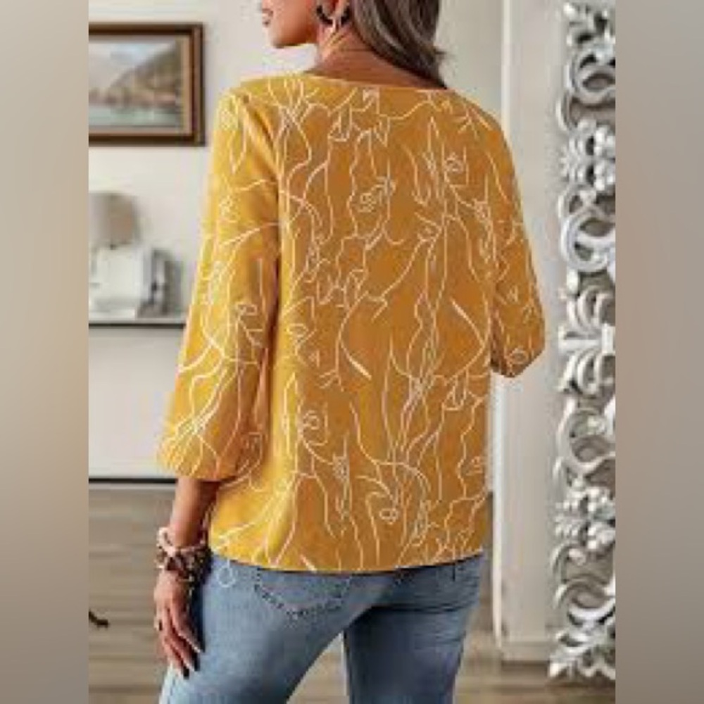 NWT Emery Rose Women's Mustard Yellow Abstract Print Top Size Small, 3/4 Sleeves - Picture 8 of 8